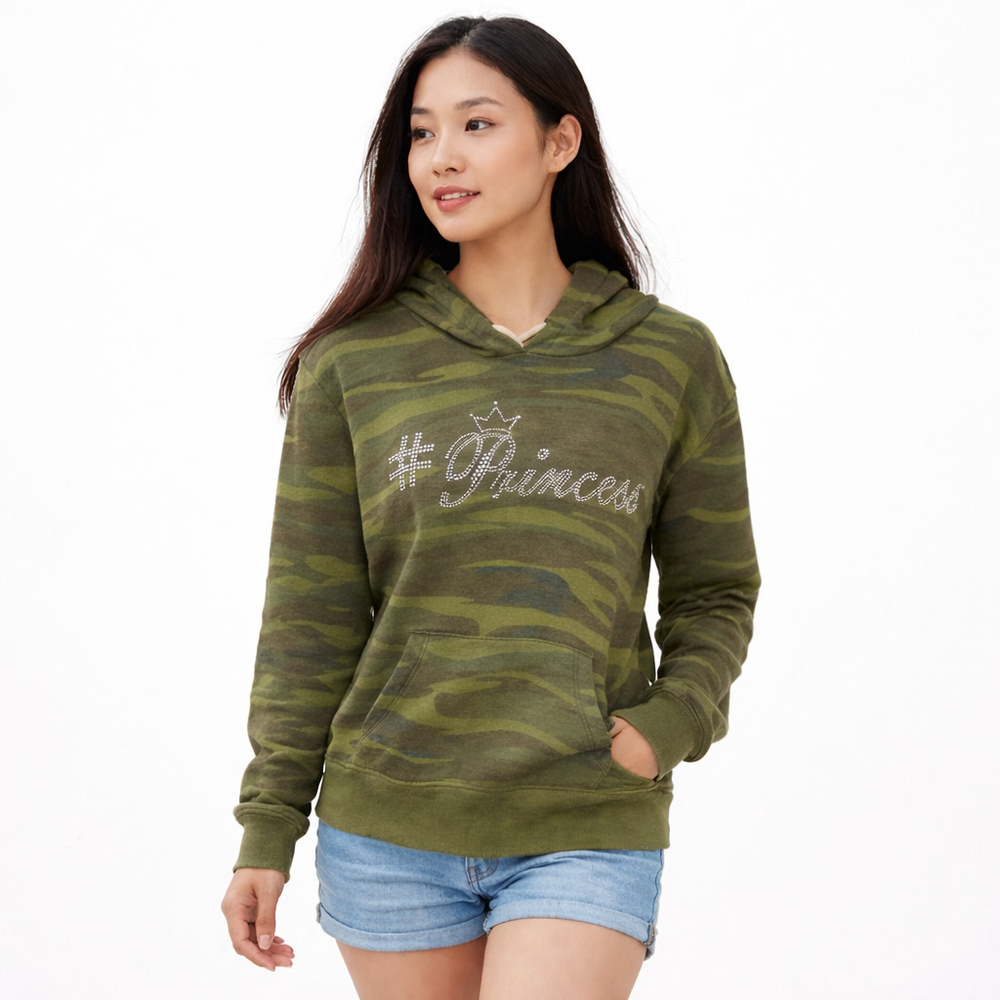 Yvette Mandell Camo Rhinestone Princess Hoodie Medium Y2K Streetwear Grunge Pull